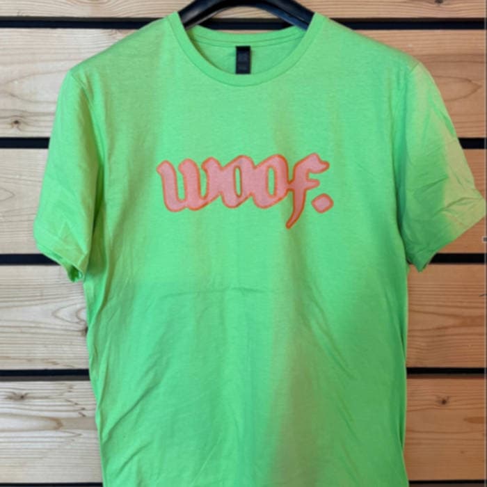Woof red logo (outlined) on green