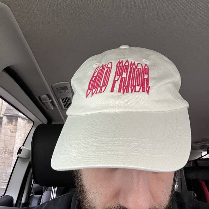 GOLD PANDA Magenta Graf font on Ecru Hat